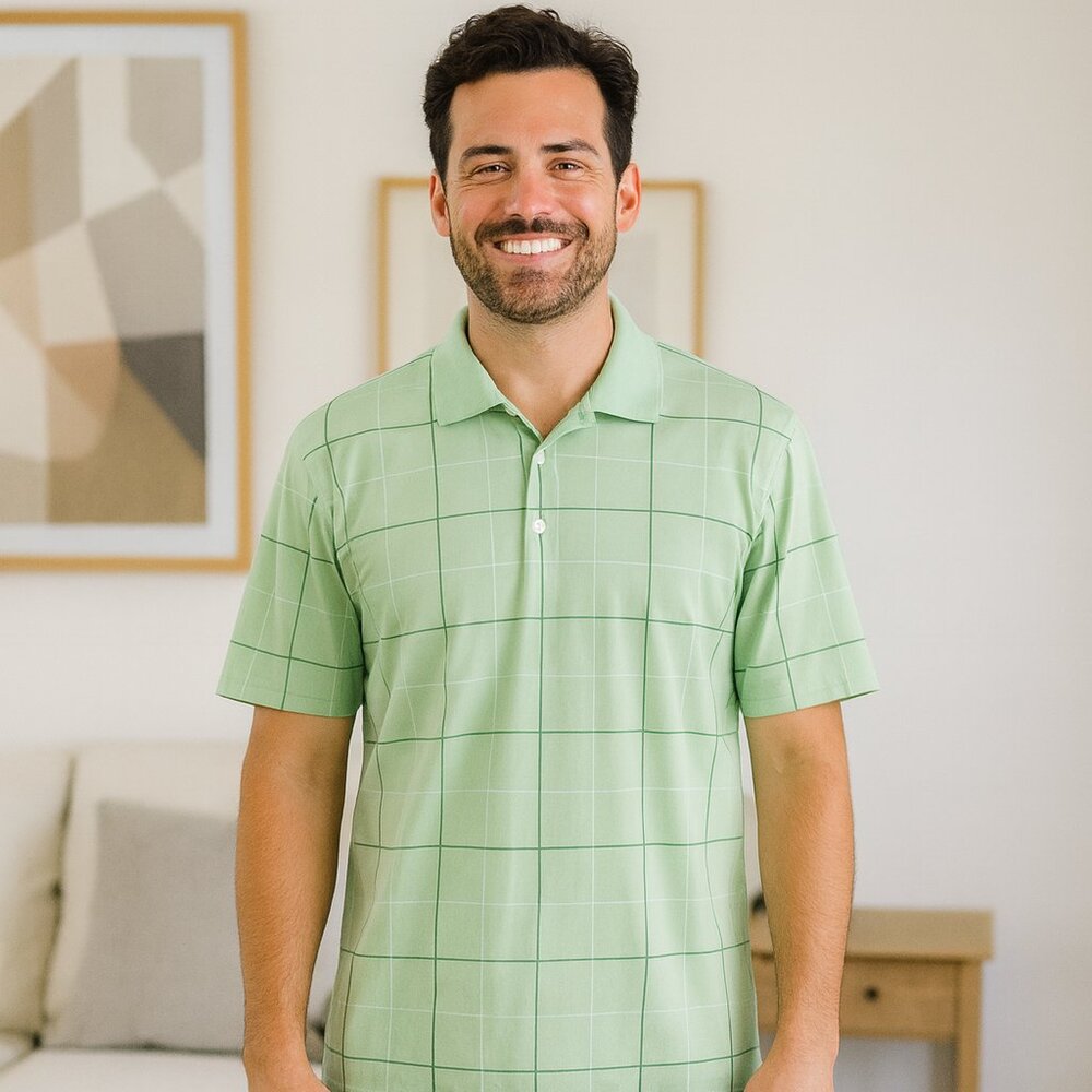 Haggar Polo Shirt Men XL/XG Performance Cool 18 Golf Green‎ Check Short Sleeve